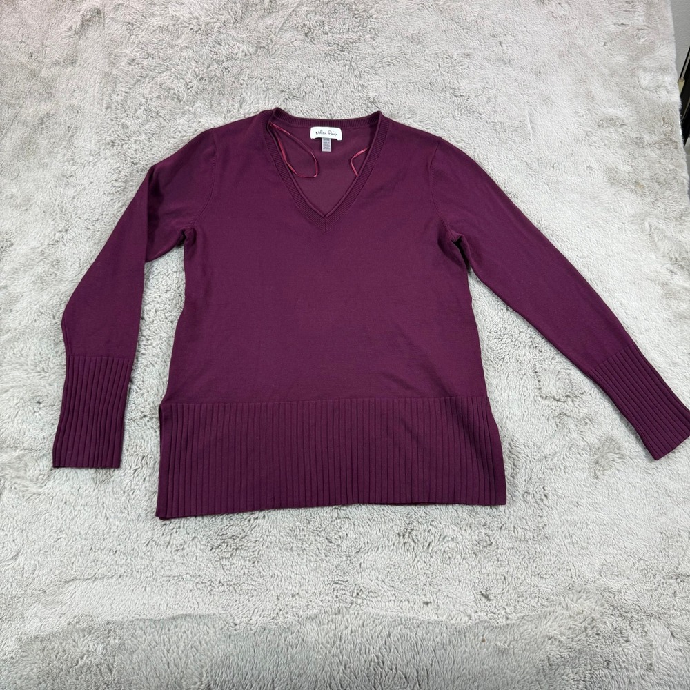 Melissa Paige Womens V Neck Long Sleeve Ribbed Bottom Knit Sweater Purple S